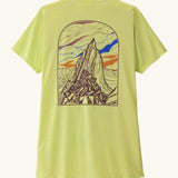 Back of the Patagonia women's capilene cool daily shirt with large cloud crag illustration in light vellum green.