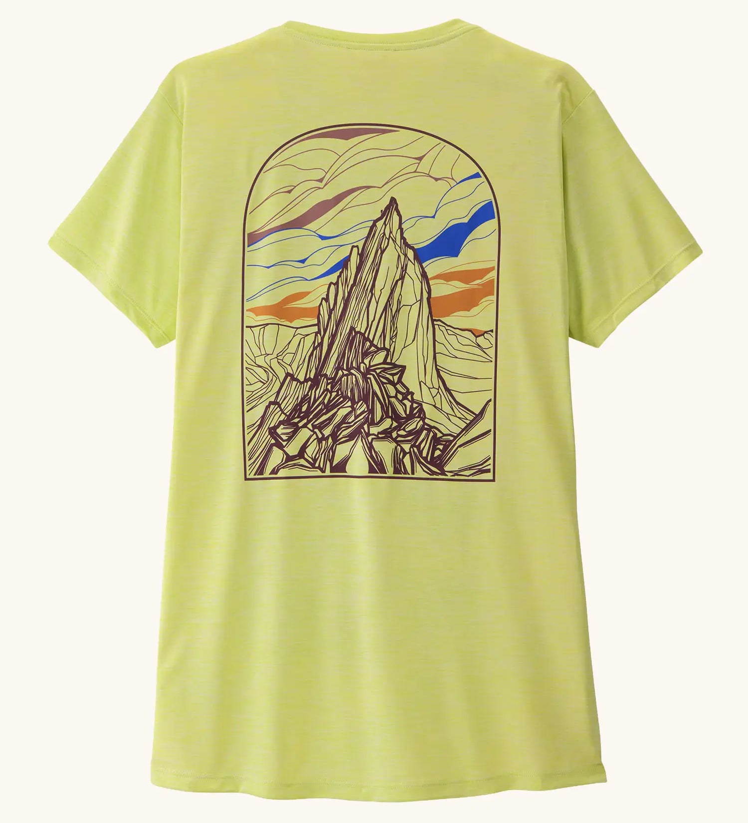 Back of the Patagonia women's capilene cool daily shirt with large cloud crag illustration in light vellum green.