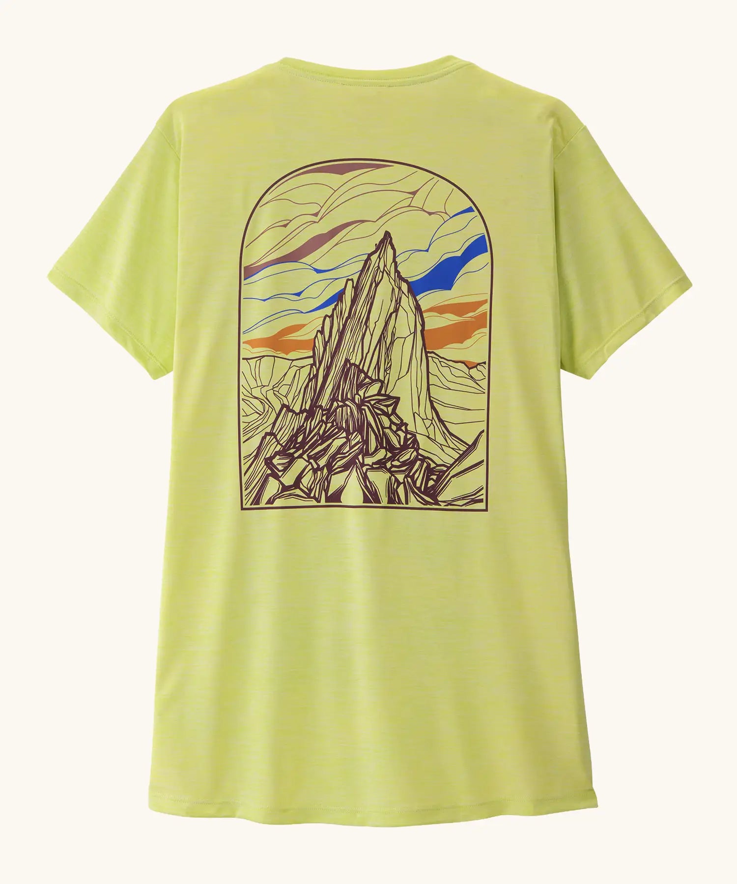 Back of the Patagonia women's capilene cool daily shirt with large cloud crag illustration in light vellum green.