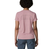 Back of Woman wearing the Patagonia women's capilene cool daily shirt with P-6 Cosmos logo in Fuzzy Mauve pink with Light Fuzzy Mauve X-Dye material.