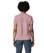Back of Woman wearing the Patagonia women's capilene cool daily shirt with P-6 Cosmos logo in Fuzzy Mauve pink with Light Fuzzy Mauve X-Dye material.