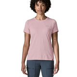 Woman wearing the Patagonia women's capilene cool daily shirt with P-6 Cosmos logo in Fuzzy Mauve pink with Light Fuzzy Mauve X-Dye material.