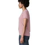 Side of woman wearing the Patagonia women's capilene cool daily shirt with P-6 Cosmos logo in Fuzzy Mauve pink with Light Fuzzy Mauve X-Dye material.