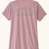 Back of the Patagonia women's capilene cool daily shirt with P-6 Cosmos logo in Fuzzy Mauve pink with Light Fuzzy Mauve X-Dye material.