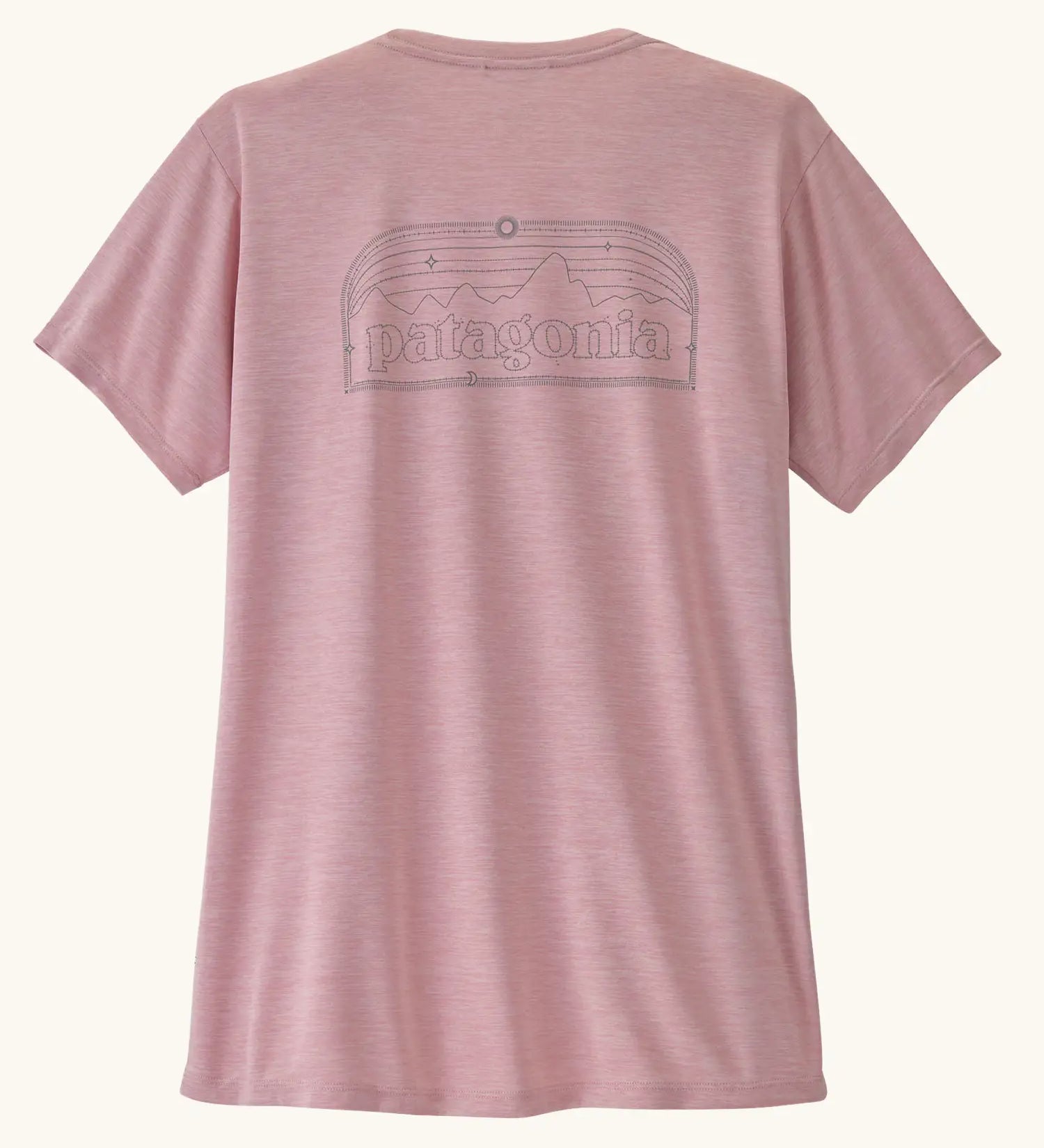 Back of the Patagonia women's capilene cool daily shirt with P-6 Cosmos logo in Fuzzy Mauve pink with Light Fuzzy Mauve X-Dye material.