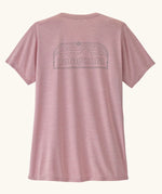Back of the Patagonia women's capilene cool daily shirt with P-6 Cosmos logo in Fuzzy Mauve pink with Light Fuzzy Mauve X-Dye material.