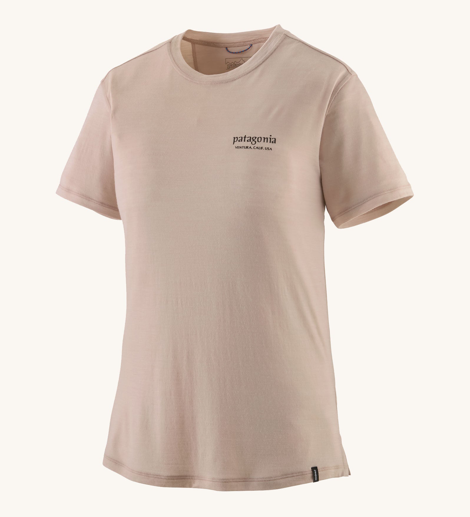 Patagonia women's capilene merino blend t-shirt in shroom taupe with small heritage logo detail on the chest.