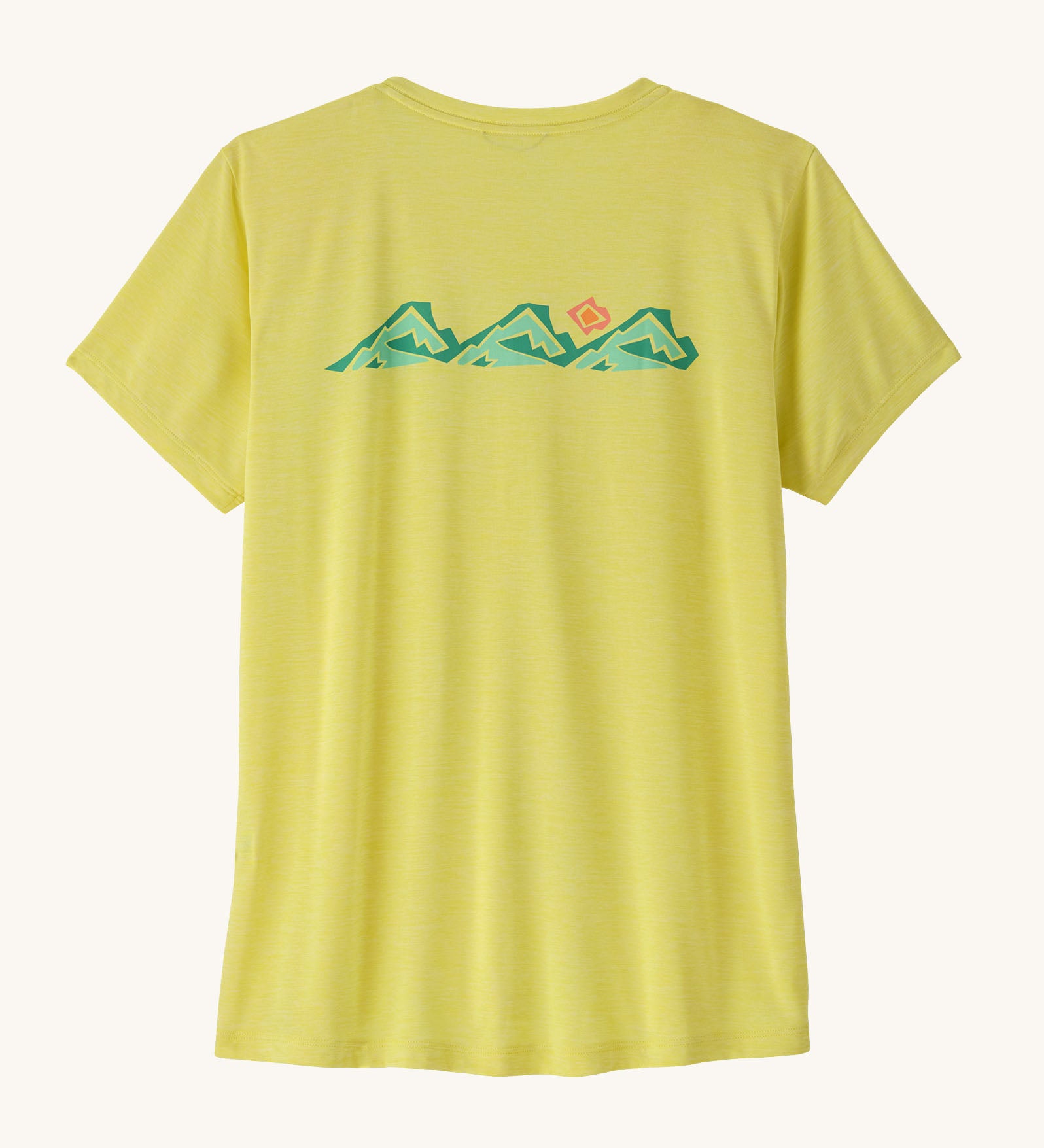 Patagonia women's capilene short sleeve t-shirt in lemon yellow with trailcheck graphic design across the chest.
