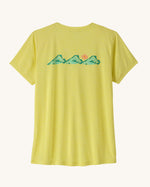 Patagonia women's capilene short sleeve t-shirt in lemon yellow with trailcheck graphic design across the chest.