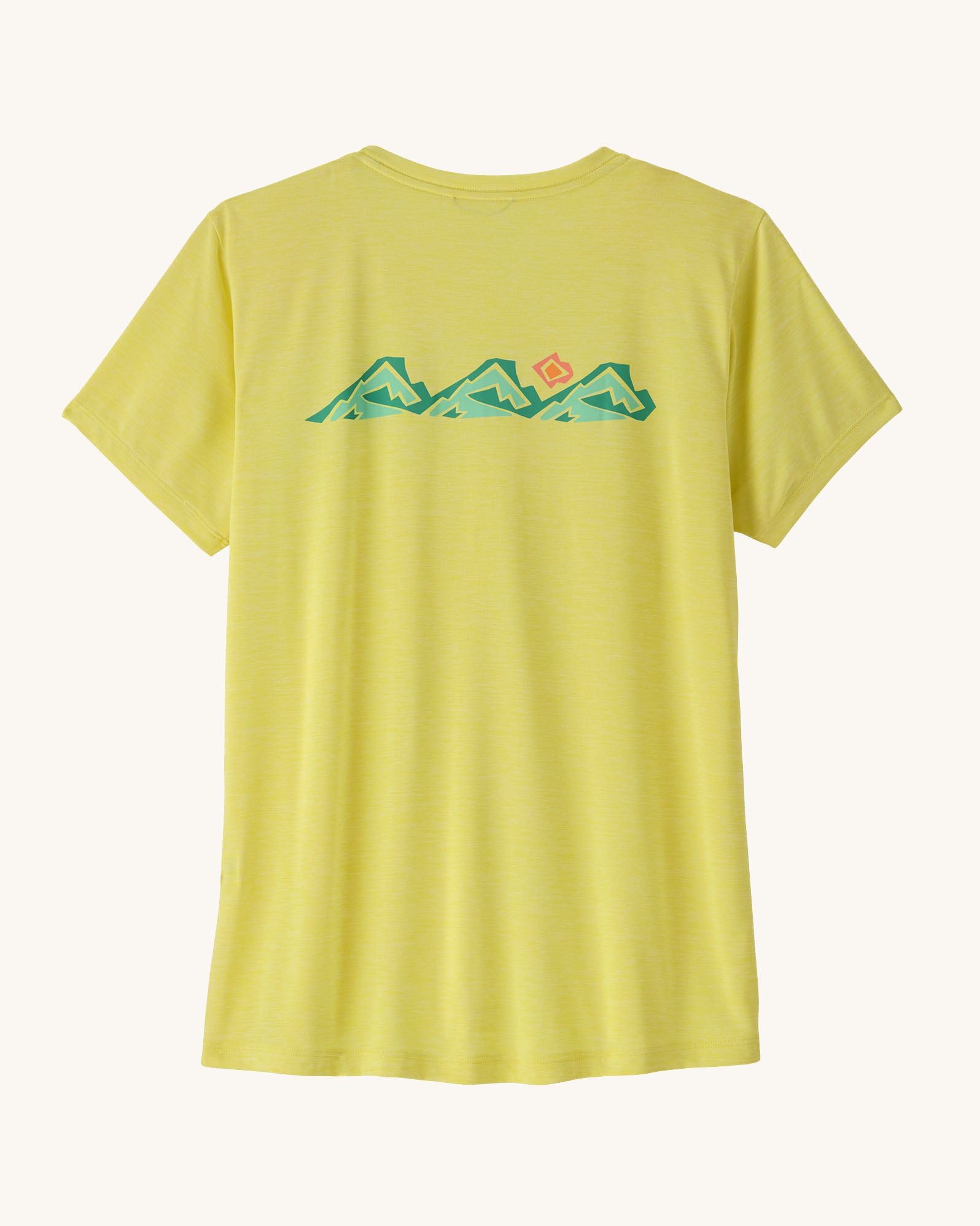 Patagonia women's capilene short sleeve t-shirt in lemon yellow with trailcheck graphic design across the chest.