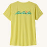 Patagonia women's capilene short sleeve t-shirt in lemon yellow with trailcheck graphic design across the chest.