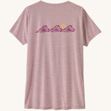 Patagonia women's capilene t-shirt in violet with pink trailcheck graphic on the back.