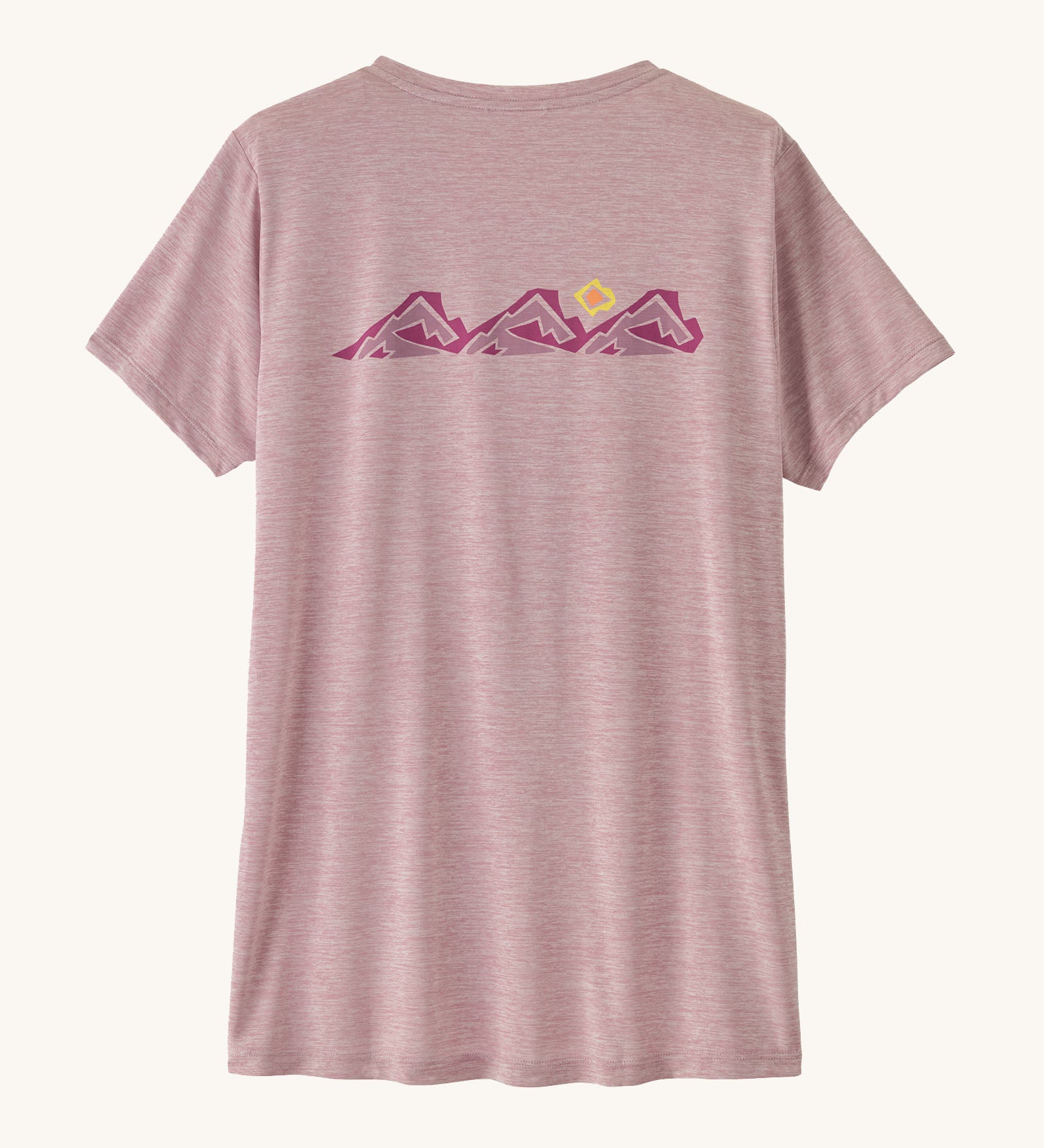 Patagonia women's capilene t-shirt in violet with pink trailcheck graphic on the back.
