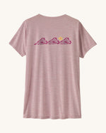 Patagonia women's capilene t-shirt in violet with pink trailcheck graphic on the back.