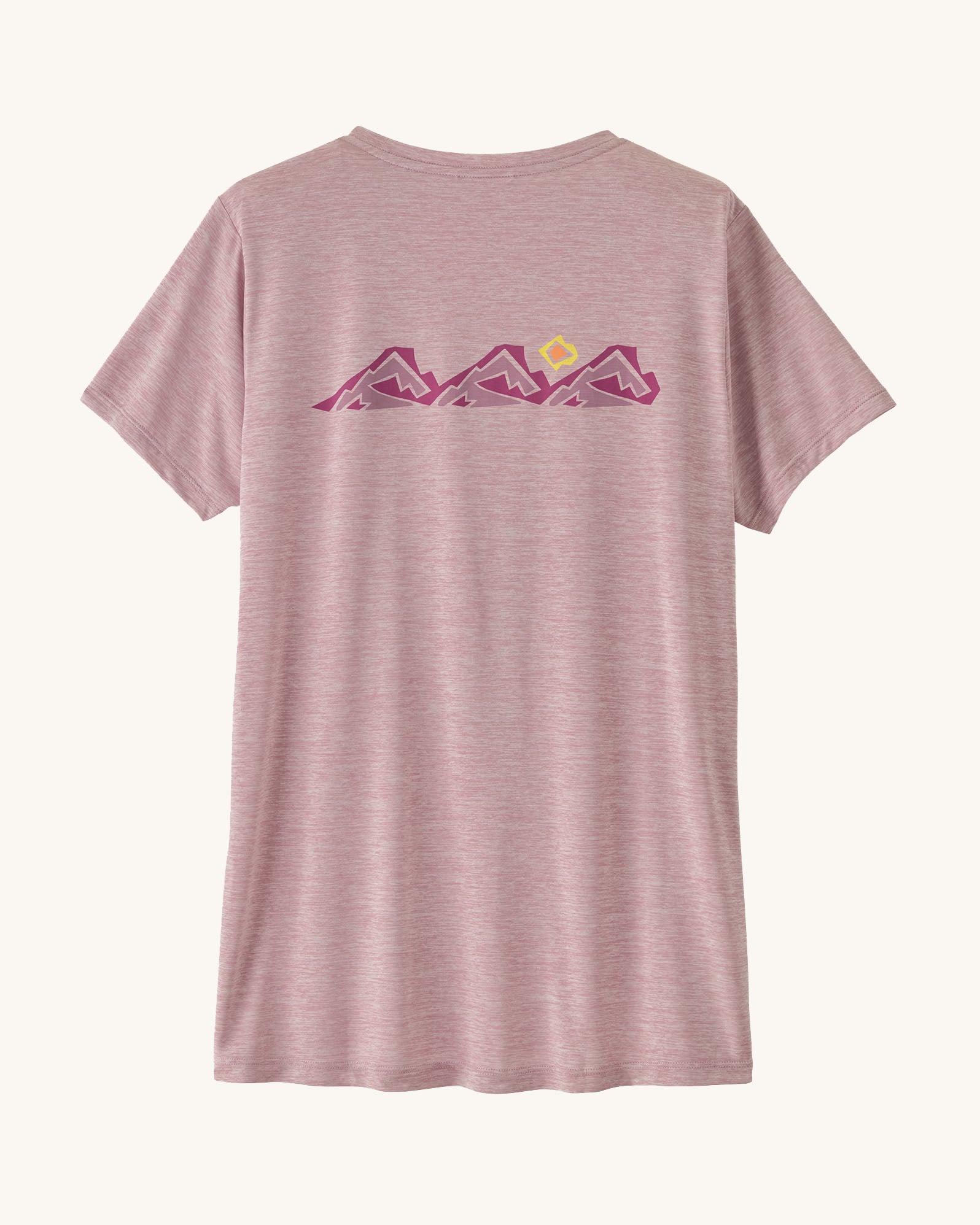 Patagonia women's capilene t-shirt in violet with pink trailcheck graphic on the back.