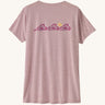 Patagonia women's capilene t-shirt in violet with pink trailcheck graphic on the back.