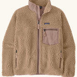 Patagonia Women's Classic Retro-X® Fleece Jacket with in oar tan. Turn up collar, full length zip, 2 side handwarmer pockets and an easy access pale pink chest pocket. 
