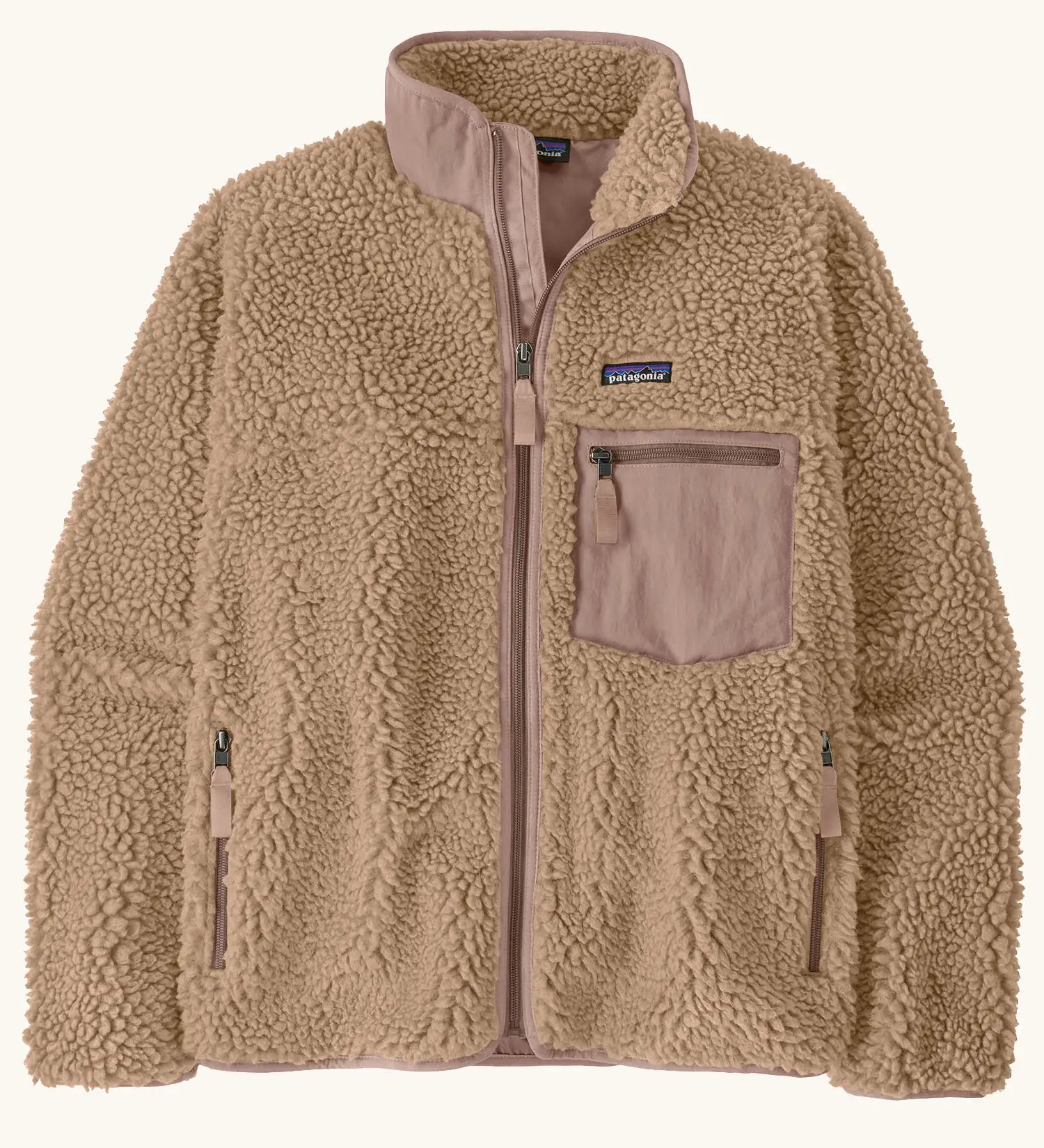 Patagonia Women's Classic Retro-X® Fleece Jacket with in oar tan. Turn up collar, full length zip, 2 side handwarmer pockets and an easy access pale pink chest pocket. 