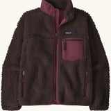 Patagonia Women's Classic Retro-X® fleece jacket in old brown with maroon detailing.  Turn up collar, full length zip, 2 side handwarmer pockets and a maroon easy access chest pocket. 