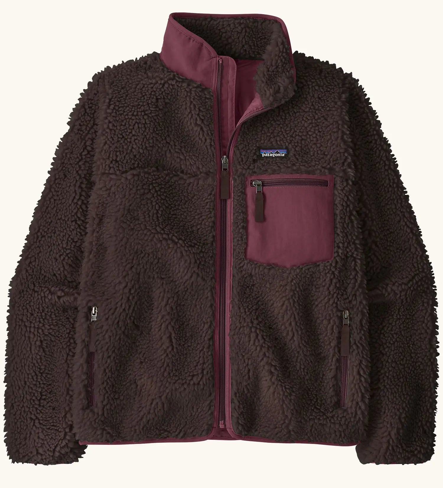 Patagonia Women's Classic Retro-X® fleece jacket in old brown with maroon detailing.  Turn up collar, full length zip, 2 side handwarmer pockets and a maroon easy access chest pocket. 