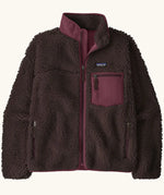 Patagonia Women's Classic Retro-X® fleece jacket in old brown with maroon detailing.  Turn up collar, full length zip, 2 side handwarmer pockets and a maroon easy access chest pocket. 