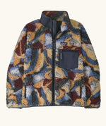 Patagonia women's classic Retro-X® fleece jacket with smudge pattern on blue. Turn up collar, full length zip, 2 side handwarmer pockets and an easy access chest pocket. 