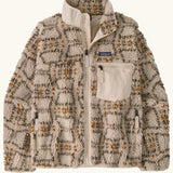 Patagonia Women's Classic Retro-X® Fleece Jacket with a snowshoe hare pattern on natural. Turn up collar, full length zip, 2 side handwarmer pockets and an easy access chest pocket. 