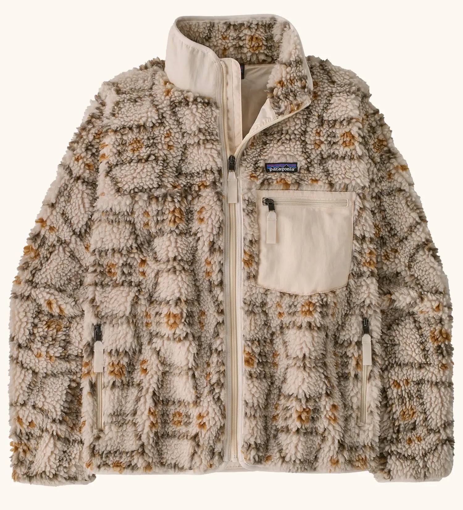 Patagonia Women's Classic Retro-X® Fleece Jacket with a snowshoe hare pattern on natural. Turn up collar, full length zip, 2 side handwarmer pockets and an easy access chest pocket. 