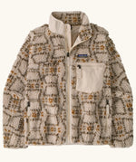 Patagonia Women's Classic Retro-X® Fleece Jacket with a snowshoe hare pattern on natural. Turn up collar, full length zip, 2 side handwarmer pockets and an easy access chest pocket. 