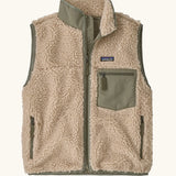 Patagonia women's classic retro-x fleece vest gilet in dark natural with river rock green detailing and zipped chest pocket. 