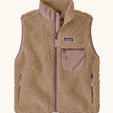 Patagonia women's classic retro-x® fleece vest gilet in oar tan with pale pink chest pocket, collar and zip details.  Full zip up front with zipped handawarmer pocket and zipped pale pink chest pocket.