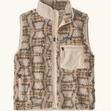 Patagonia women's classic Retro-X® fleece vest with a snowshoe hare pattern on natural. Full zip up front with zipped handwarmer pockets and zipped chest pocket.