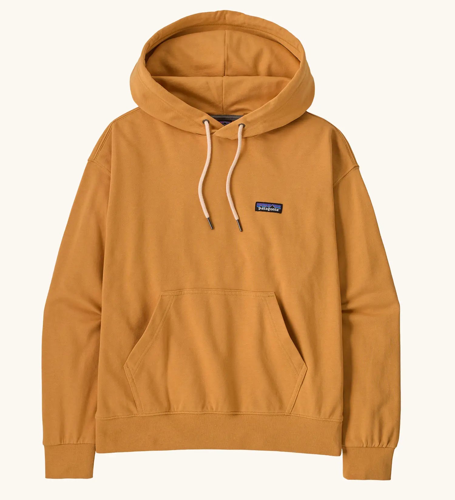 Patagonia women's cotton daily hoody in dried mango yellow with set-in sleeves, double lined hood, marsupial pocket and Patagonia® P-6 logo at the left chest. 