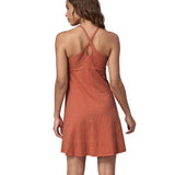 Patagonia women's amber dawn dress 
in light red colour worn by a woman back detail