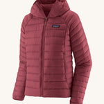 The Patagonia Women's Down Insulated Sweater Hoody in a Marion Red colour on a plain background. 