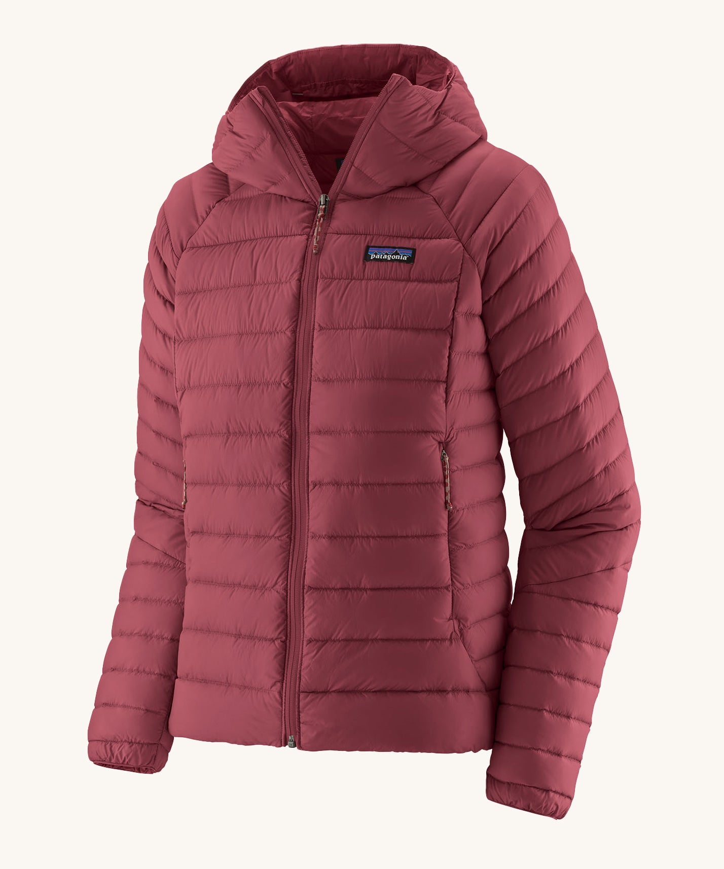 The Patagonia Women's Down Insulated Sweater Hoody in a Marion Red colour on a plain background. 
