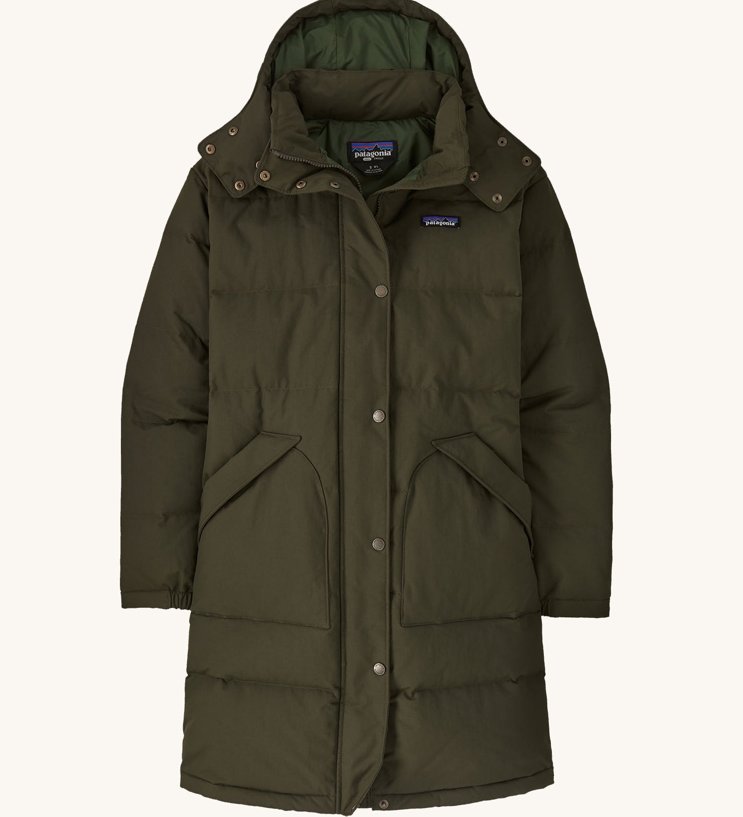 Patagonia Women's Downdrift Parka in Pine Needle Green on a plain background