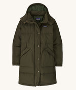 Patagonia Women's Downdrift Parka in Pine Needle Green on a plain background