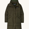 Patagonia Women's Downdrift Parka in Pine Needle Green on a plain background
