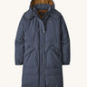 Patagonia Women's Downdrift Parka in Pine Smolder Blue on a plain background