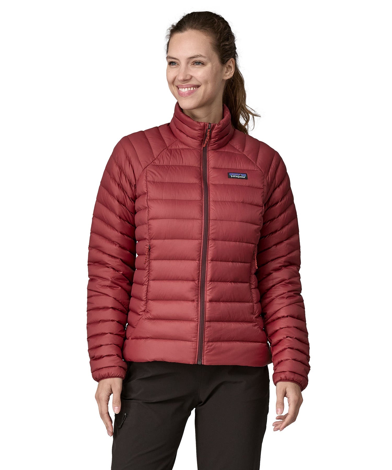 Patagonia women's down sweater jacket in oxide red colour front detail