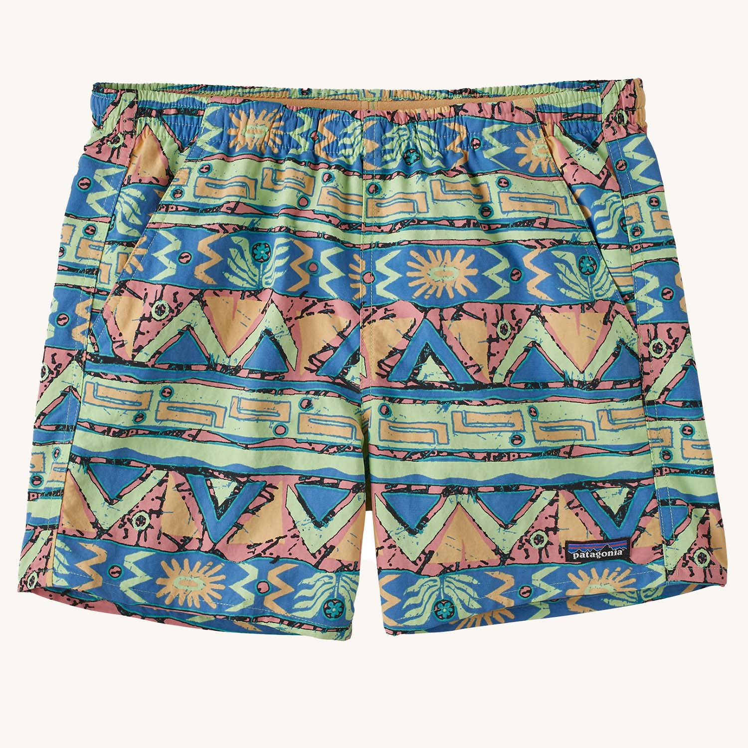 Patagonia Women's Baggies Shorts - High Hopes Geo / Salamander Green, on a cream background