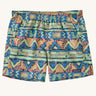 Patagonia Women's Baggies Shorts - High Hopes Geo / Salamander Green, on a cream background