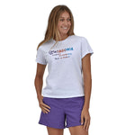 Front view of woman wearing the Woman wearing Patagonia Women's Endure Hex Responsibili-Tee in white colour way 
