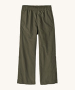 Front view of Patagonia Women’s Outdoor Everyday Pants laid flat on a light background, showing wide-leg cropped trousers in dark khaki green with an elasticated high-rise waistband and simple, clean construction.
