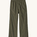 Front view of Patagonia Women’s Outdoor Everyday Pants laid flat on a light background, showing wide-leg cropped trousers in dark khaki green with an elasticated high-rise waistband and simple, clean construction.