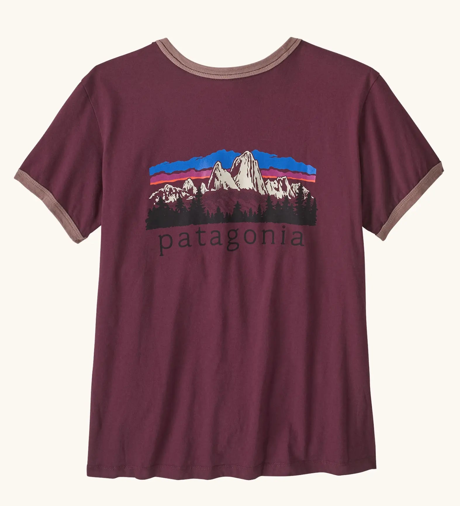 Patagonia women's fitz roy foothills ringer organic cotton tee short sleeve t-shirt in berry fig.