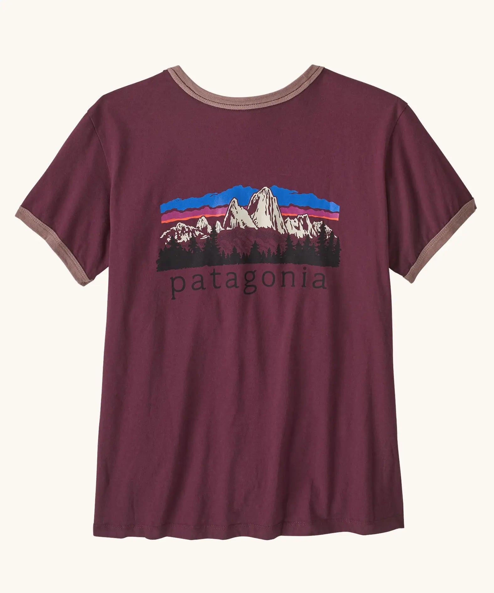 Patagonia women's fitz roy foothills ringer organic cotton tee short sleeve t-shirt in berry fig.