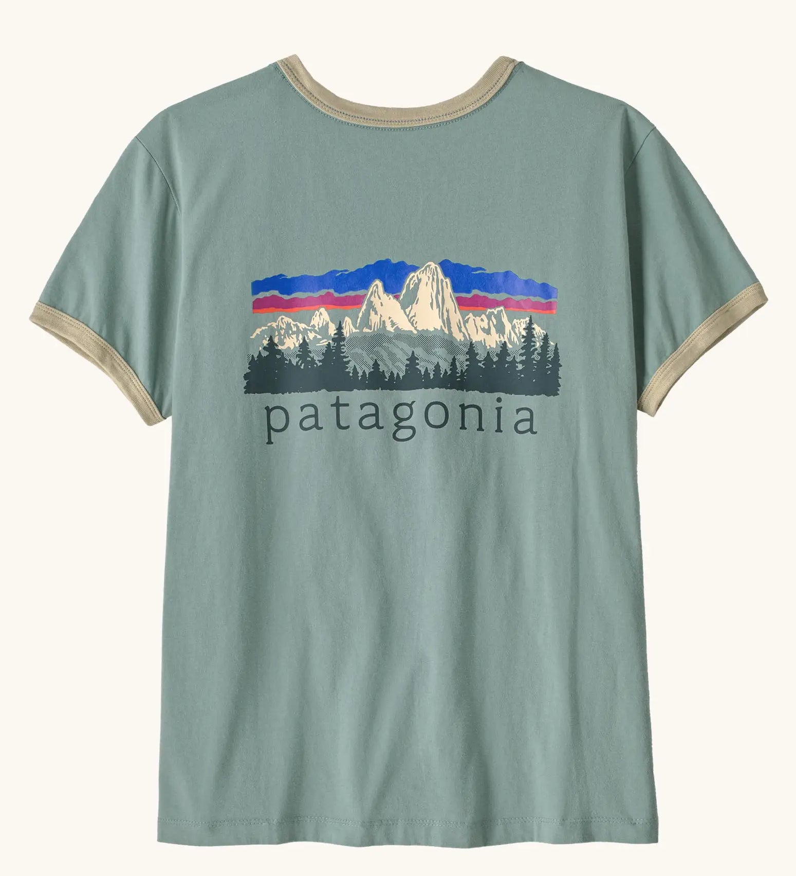 Patagonia women's fitz roy foothills ringer organic cotton tee short sleeve t-shirt in cover green.
