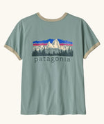 Patagonia women's fitz roy foothills ringer organic cotton tee short sleeve t-shirt in cover green.